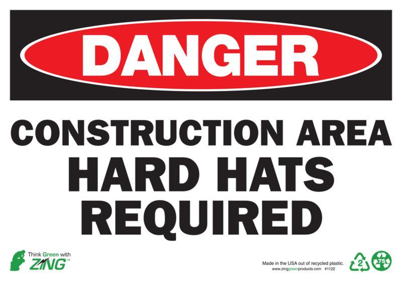ZING Eco Safety Sign, DANGER Construction Area Hard Hats Required, 10Hx14W, Recycled Aluminum