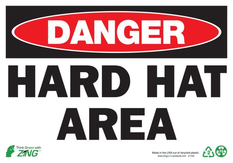 ZING Eco Safety Sign, DANGER Hard Hat Area, 7Hx10W, Recycled Plastic