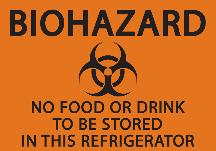 ZING Eco Safety Sign, Biohazard No Food or Drink in Refrigerator, 5Hx7W, Recycled Polystyrene Self Adhesive, 2/PK