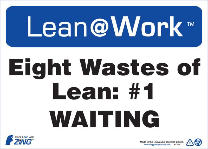 ZING Lean at Work Sign, Eight Wastes Waiting, 10Hx14W, Recycled Plastic
