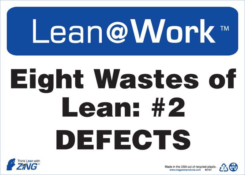 ZING Lean at Work Sign, Eight Wastes Defects, 10Hx14W, Recycled Plastic