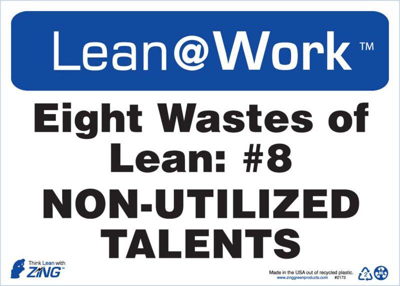 ZING Lean at Work Sign, Eight Wastes Talent, 10Hx14W, Recycled Plastic