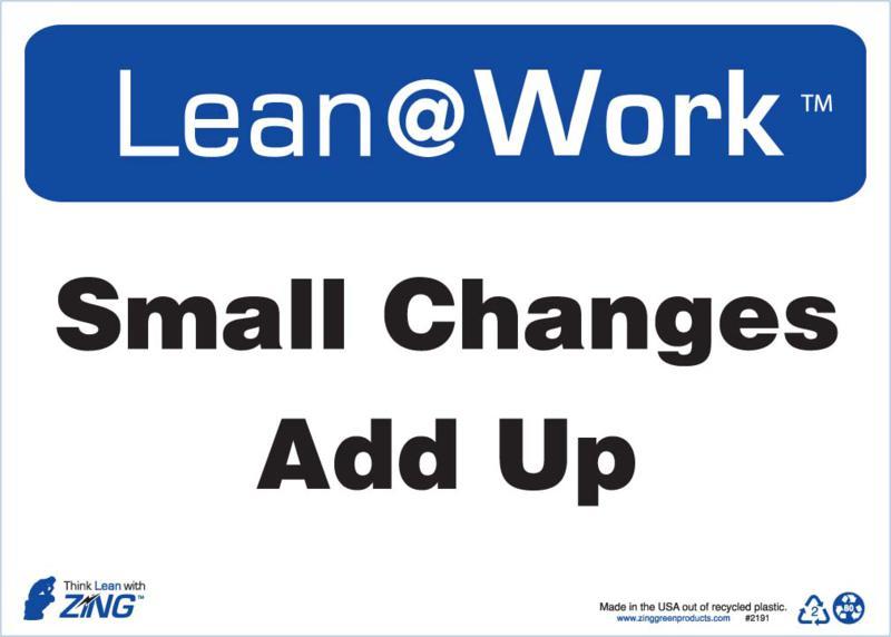 ZING Lean at Work Sign, Small Changes Add Up, 10Hx14W, Recycled Plastic