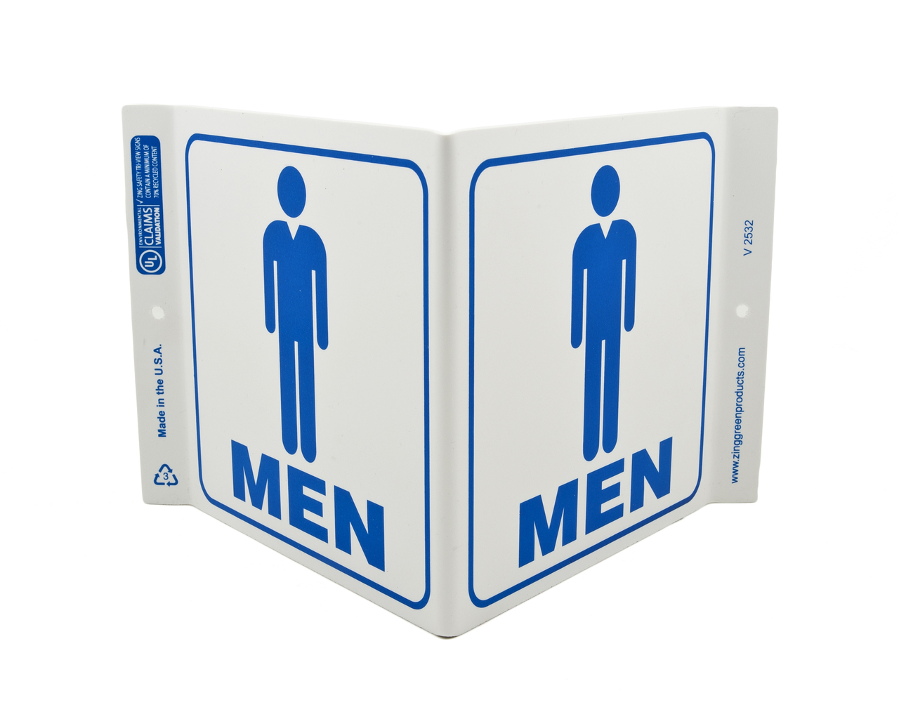 ZING Eco Public Facility V Sign, Restroom Men, 7Hx12Wx5D, Recycled Plastic