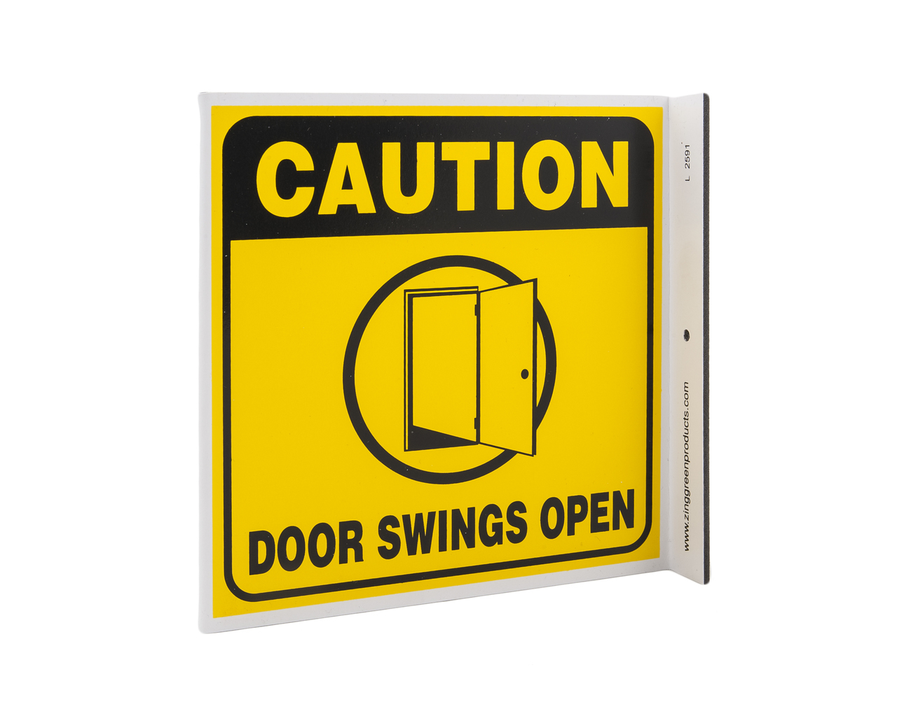 ZING Eco Safety L Sign, Caution Door Swings Open, 7Hx2.5Wx7D, Recycled Plastic