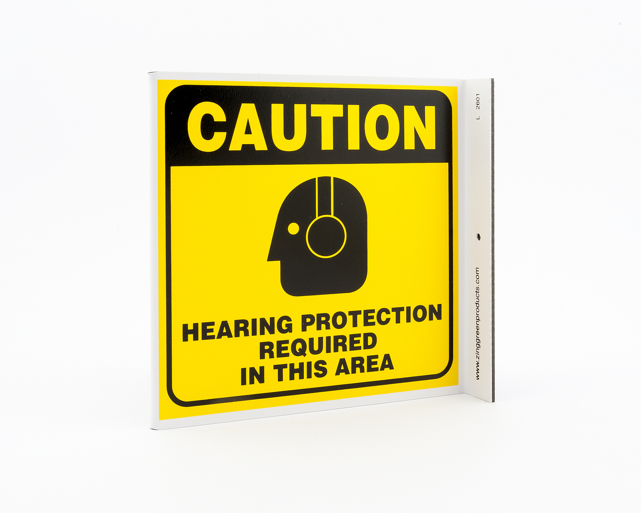 ZING Eco Safety L Sign, Hearing Protection Required, 7Hx2.5Wx7D, Recycled Plastic