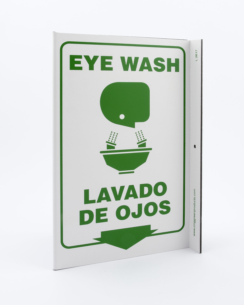 ZING Eco Safety L Sign, Eye Wash (English/Spanish), 11Hx2.5Wx8D, Recycled Plastic