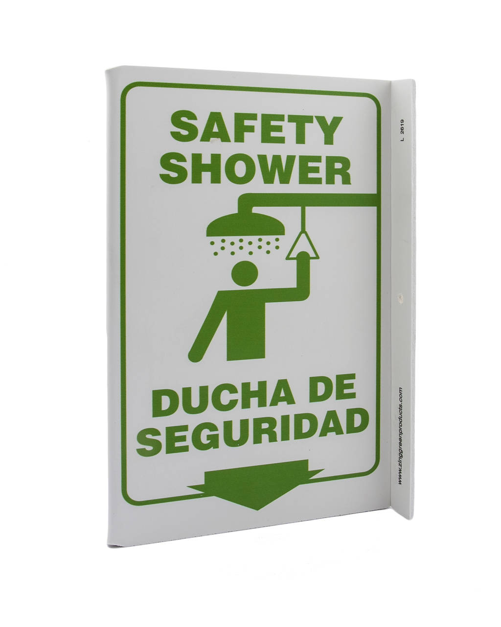 ZING Eco Safety L Sign, Safety Shower (English/Spanish), 11Hx2.5Wx8D, Recycled Plastic