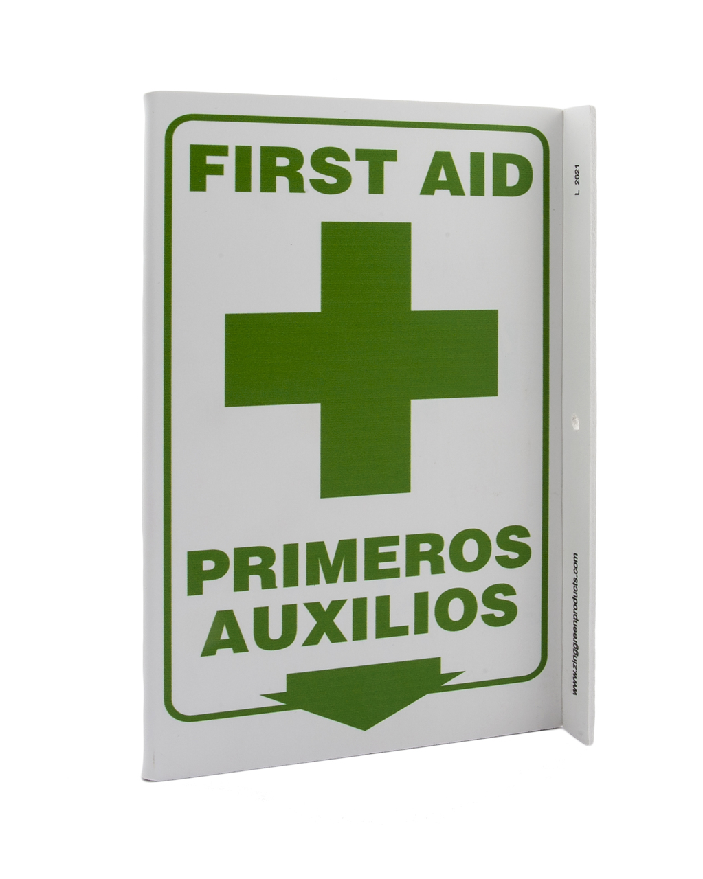 ZING Eco Safety L Sign, First Aid (English/Spanish), 11Hx2.5Wx8D, Recycled Plastic