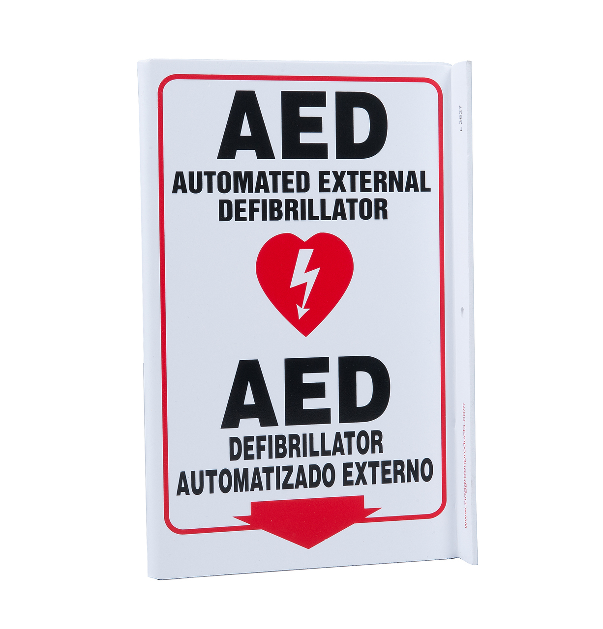 ZING Eco Safety L Sign, AED (English/Spanish), 11Hx2.5Wx8D, Recycled Plastic