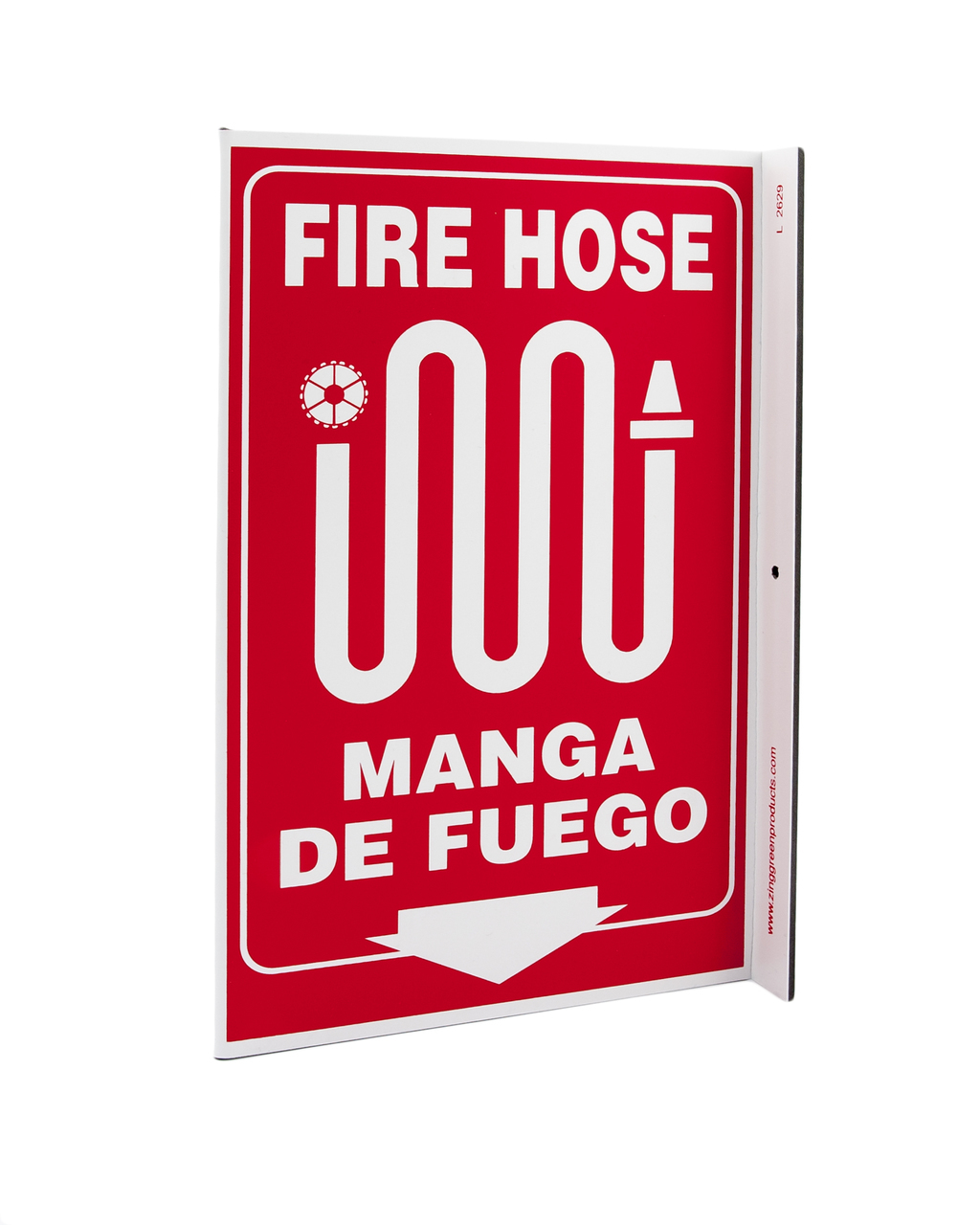 ZING Eco Safety L Sign, Fire Hose (English/Spanish), 11Hx2.5Wx8D, Recycled Plastic
