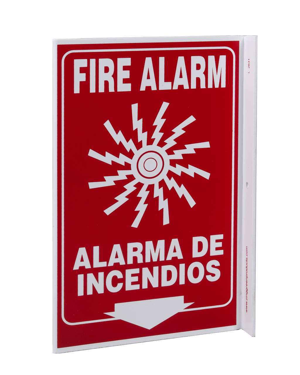 ZING Eco Safety L Sign, Fire Alarm (English/Spanish), 11Hx2.5Wx8D, Recycled Plastic