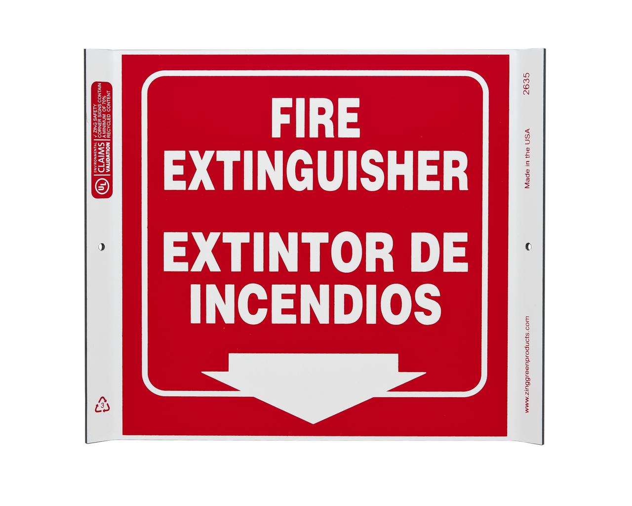 ZING Eco Safety Corner Sign, Fire Extinguisher (English/Spanish), 10Hx10W, Recycled Plastic