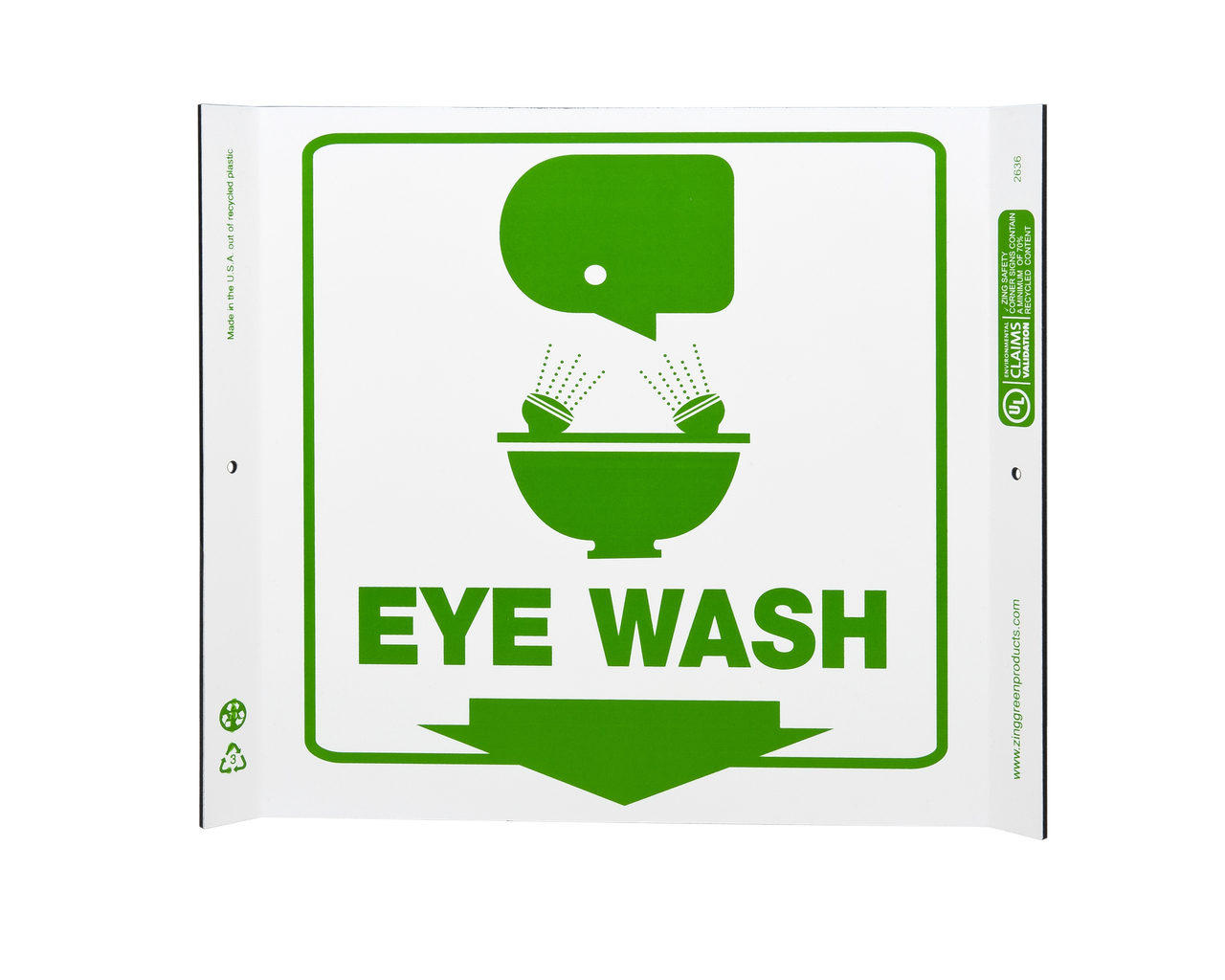 ZING Eco Safety Corner Sign, Eye Wash, 10Hx10W, Recycled Plastic