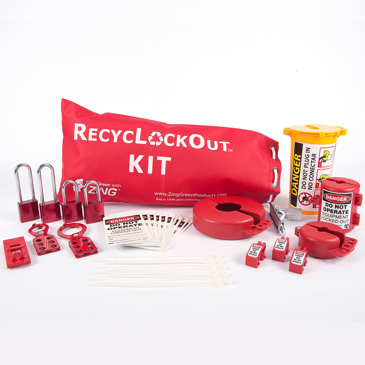 ZING RecycLockout Lockout Bag Kit with Aluminum Padlocks, 35 Components