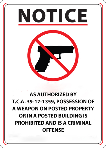 ZING Concealed Carry Sign, Tennessee, 14Hx10W, Recycled Plastic