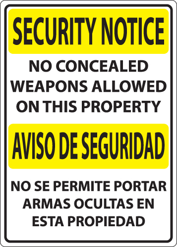 ZING Concealed Carry Sign, Security Notice No Weapons (English/Spanish), 14Hx10W, Recycled Plastic