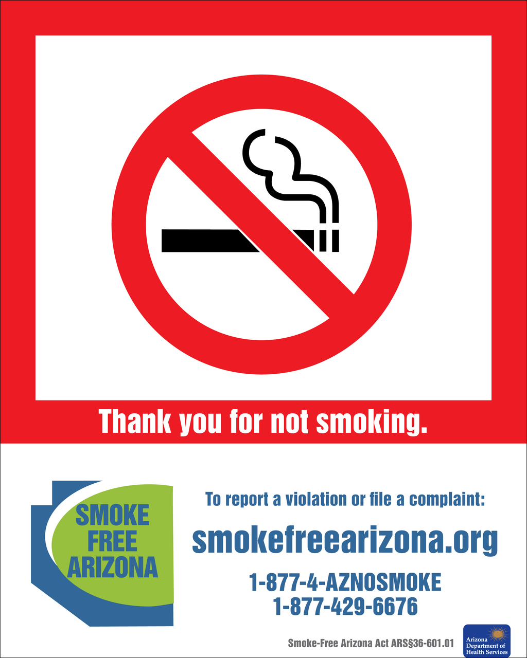 ZING No Smoking Sign, Arizona, 14Hx10W, Recycled Plastic