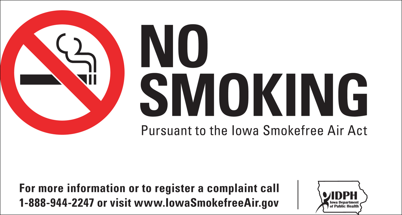 ZING No Smoking Sign, Iowa, 10Hx14W, Recycled Polystyrene Self-Adhesive